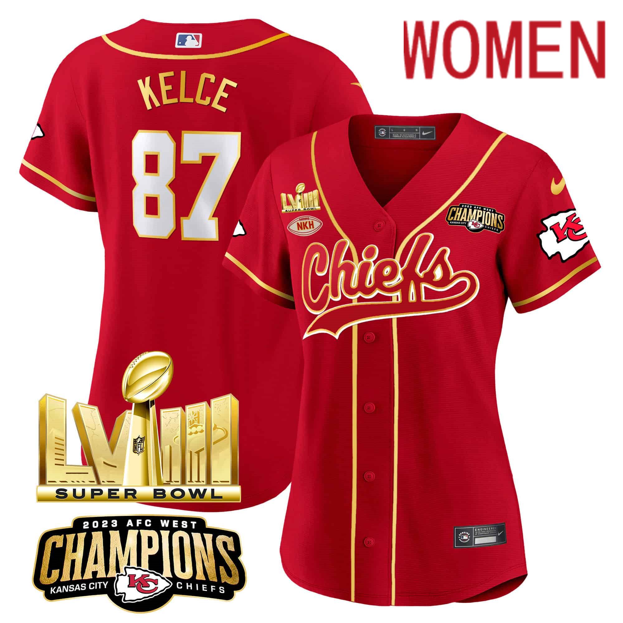 Women Kansas City Chiefs #87 Kelce Red 2024 Nike Super Bowl LVIII Back-2-Back Gold Patch Baseball NFL Jersey